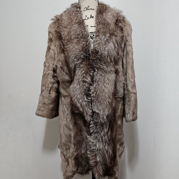 New Real MINK Fur Coat Jacket Stroller Fox Placket Stone Taupe Tan - Picture 1 of 6